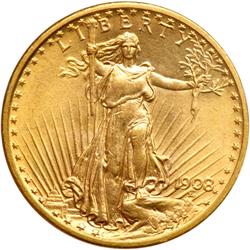 1908 $20 St. Gaudens. No Motto