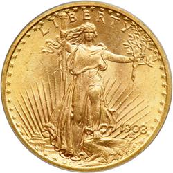 1908 $20 St. Gaudens. No Motto
