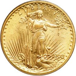 1908 $20 St. Gaudens. No Motto