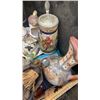 Image 2 : TOTE OF ESTATE GOODS - COLLECTIBLES, SAND LAND WARE CREAM AND SUGAR, AVON STEIN, COLORED GLASSWARE, 