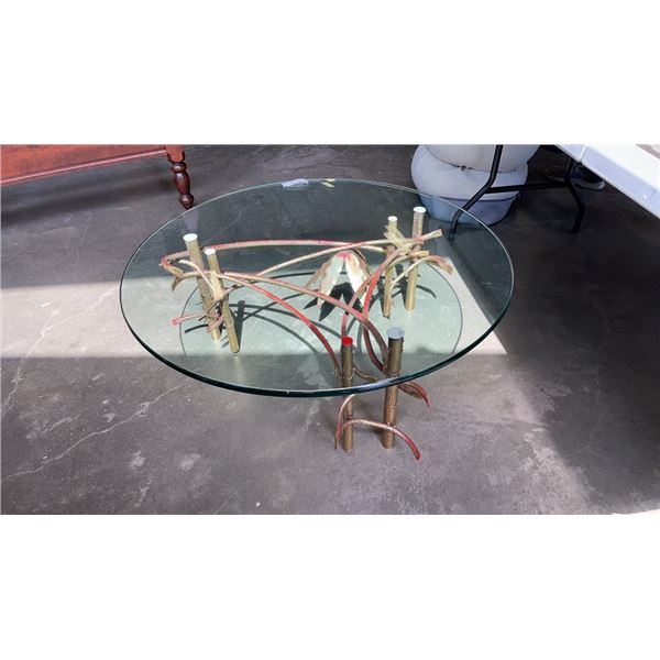 40 INCH DIAMETER GLASS TOP METAL ART BASE COFFEE TABLE 3/4 INCH THICK