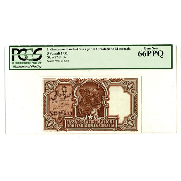 Italian Somaliland - Cassa per la Circolazione Monetaria della Somalia, 1951, High Grade Issued Bank