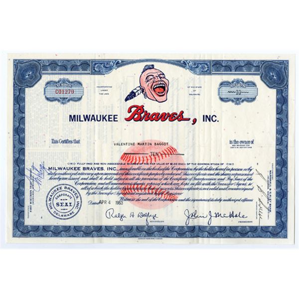 Milwaukee Braves, Inc. 1963 I/U Stock Certificate with Old Team Logo, 2021 Current World Series Cham