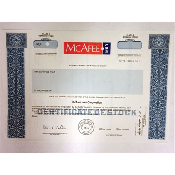 McAfee com Corp ca 1990 2000s Specimen Stock Certificate McAfee com Corp ca 1990 2000s Specimen Stock Certificate