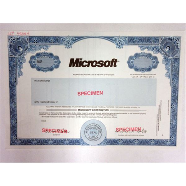 Microsoft, 1993, Specimen Stock Certificate With Facsimile William H. Gates Signature.