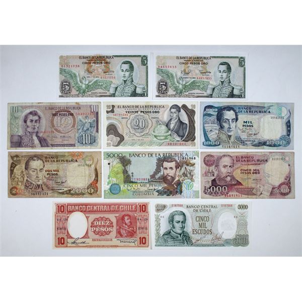 Brazil, Chile, and Columbia. Various Issuers, ND (1961-62)-1997, Assortment of 38 Issued Banknotes