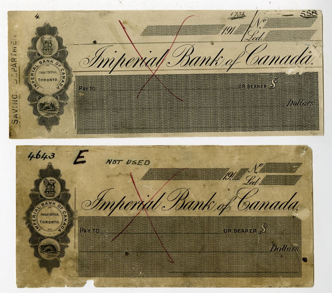 Imperial Bank of Canada, 1900-1919 Proof Check Pair by Waterlow & Sons.