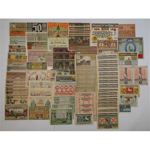 Kolberg, Hildburghausen, Hamelin, and Other Locations Assortment of German Notgeld Notes, ca.1917-22