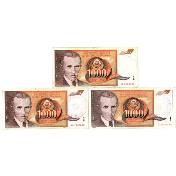 Narodna Banka Bolne, ND(1992), Trio of Issued Banknotes with Violet Handstamps, All with Nikola Tesl