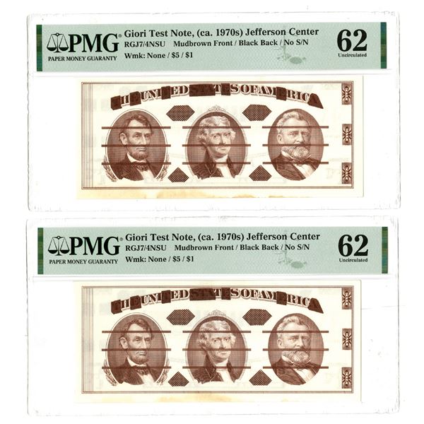 Giori Test Note, Jefferson Center, (ca.1970's), BEP Test Note Pair