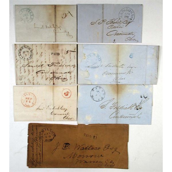 Mississippi, Ohio, Indiana and Kentucky Stampless Cover Lot of 7 Letters, ca.1840-50s