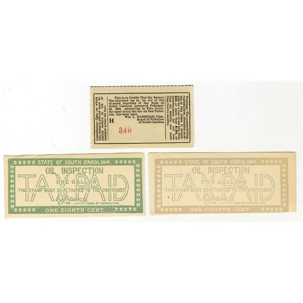 State Revenue, State of South Carolina, Oil Inspection and Terrapin Tax Paid Stamp Trio, ca.1906 to 