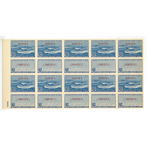 Revenue, U.S. Coast Guard, Federal Boating Stamp, 1960, Scott # RVB2, $3, Mint, NH, Uncut Sheet of 1