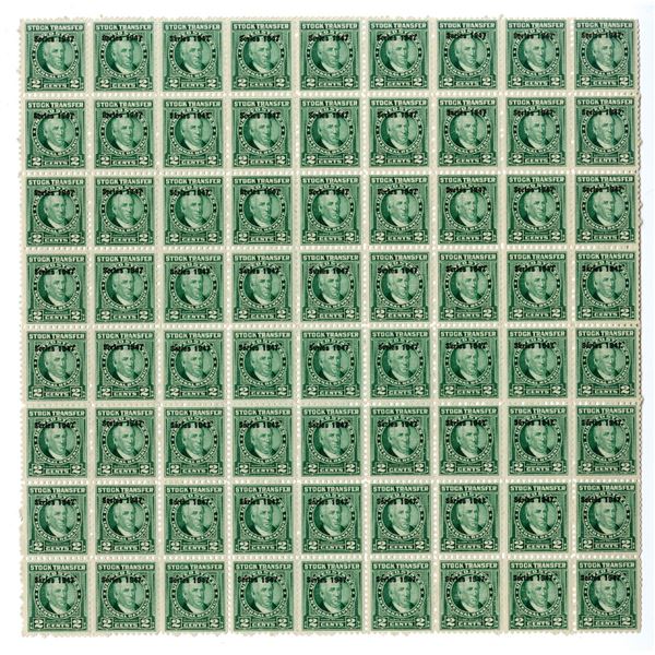 U.S. I.R., Stock Transfer. 2 Cents, Series of 1947, RD236, Sheet of 72 Mint Stamps.