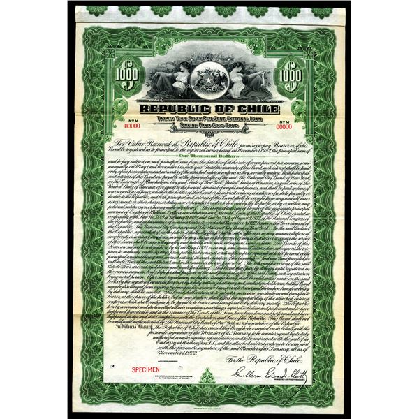 Republic of Chile 1922 Specimen Bond.