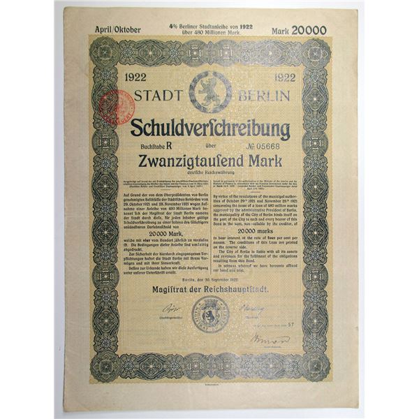 City of Berlin, 1922 I/U Bond