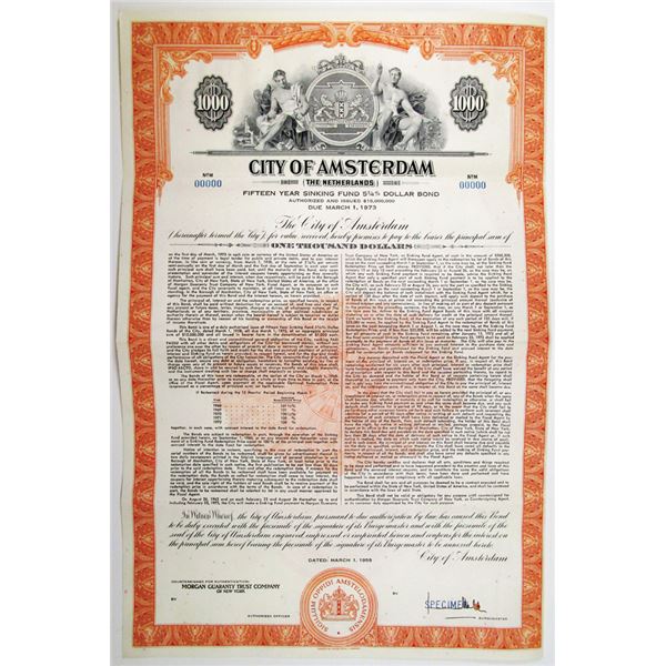 City of Amsterdam 1958 Specimen Bond