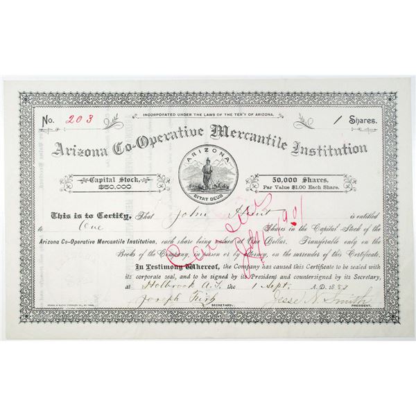 Arizona Co Operative Mercantile Institution 1889 I/C Stock Certificate Arizona Co Operative Mercantile Institution 1889 I/C Stock Certificate