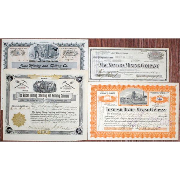 Washington, Nevada, and California Mining Stock Certificate Quartet, 1899-1918