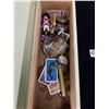Image 2 : Vintage Hand painted Wood Box w/ Contents- Pocket Watches (Need Work) Foreign Coins, Red Rose Cards,