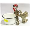 VINTAGE ENAMEL POT, MEAT GRINDER, EGG BEATER