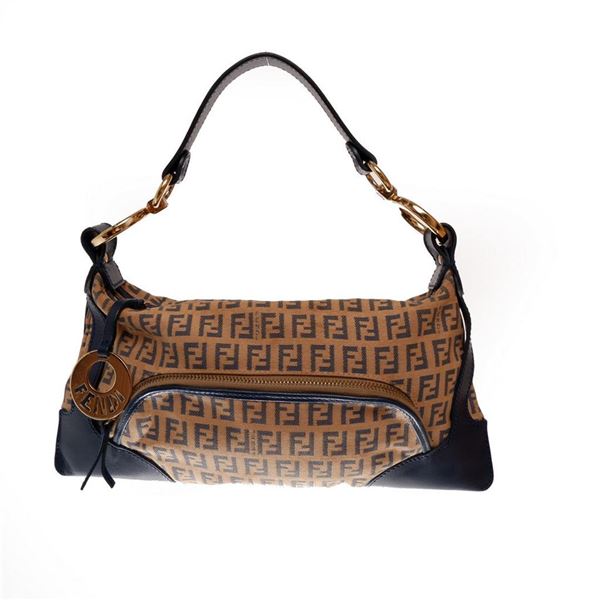 Fendi Tobacco Zucchino Canvas Leather Metal Round Logo Front Pocket Small Should