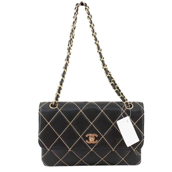 Chanel Black Lambskin Leather Wild Stitch CC Single Flap Shoulder Bag