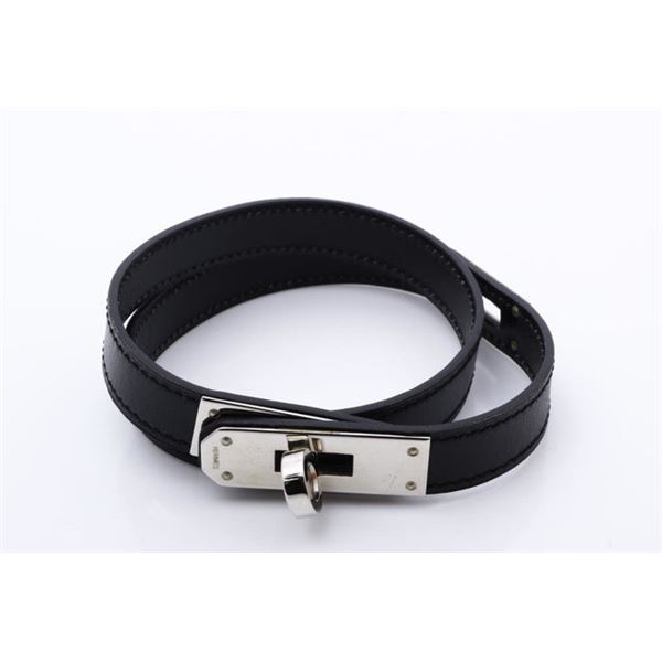 Hermes Black Leather Metal Kelly Double Tour Bracelet