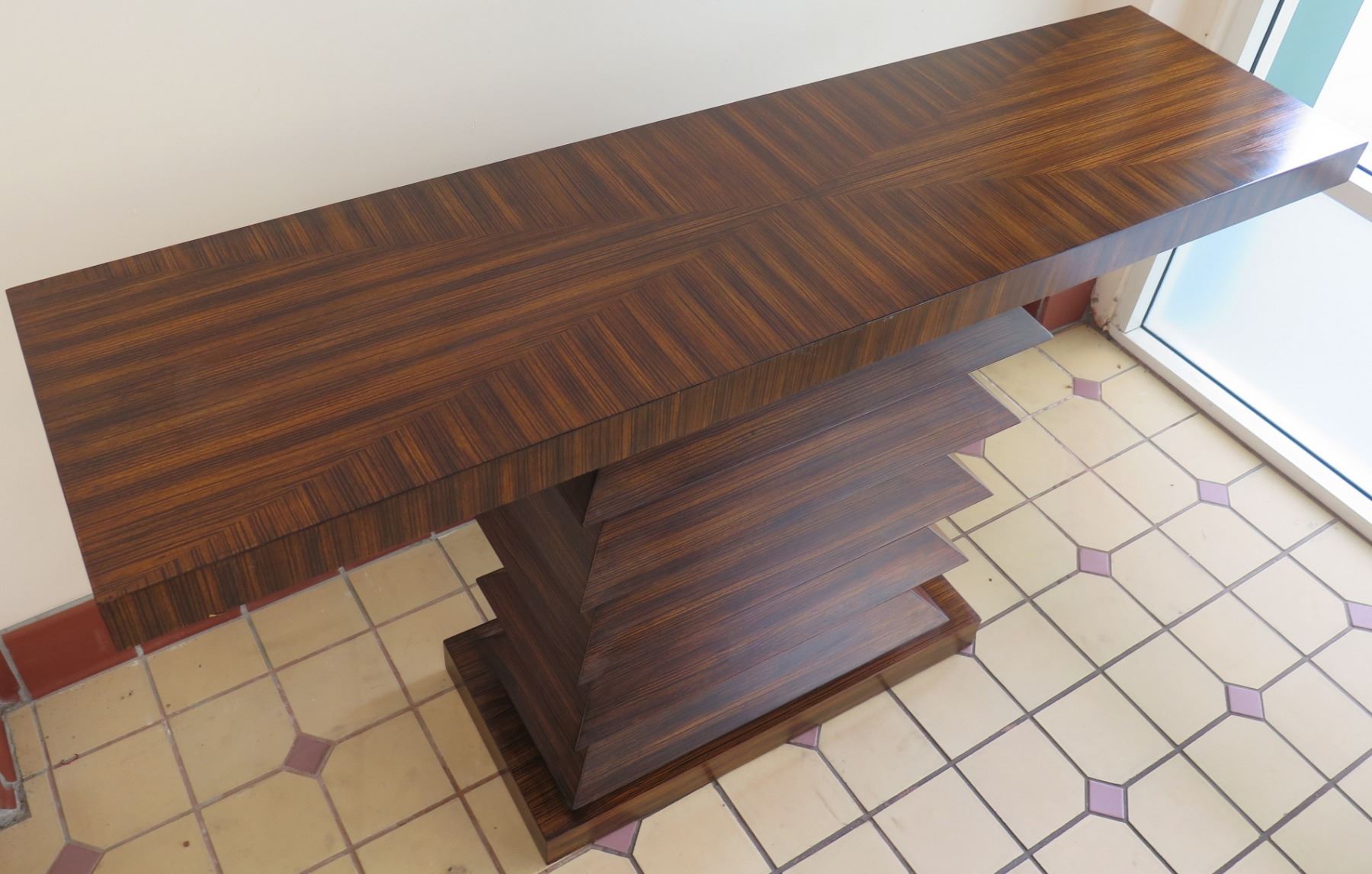 Long Wooden Console Table w/ Ridged Pedestal Base, Glass Top 59