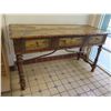 Image 2 : Very Large Painted Wooden Table w/ Drawers & Decorative Pagoda Scene 74"x30"x40"H (1 leg disattached
