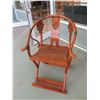 Image 2 : Lacquered Folding Asian Horseshoe Chair w/ Slatted Seat, Metal Ornamentation, 37" Back Ht.