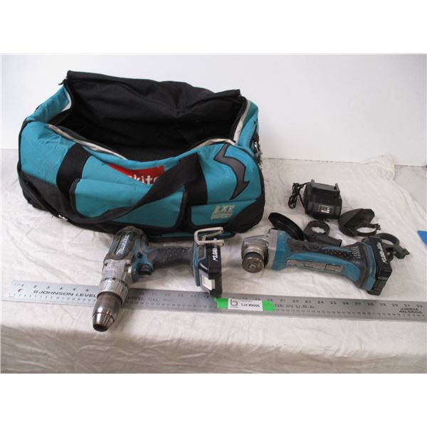 Makita drill, angle grinder, battery charger, misc