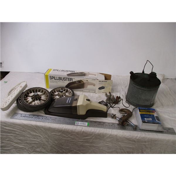 Wheels, hooks, scale, small gas can, misc