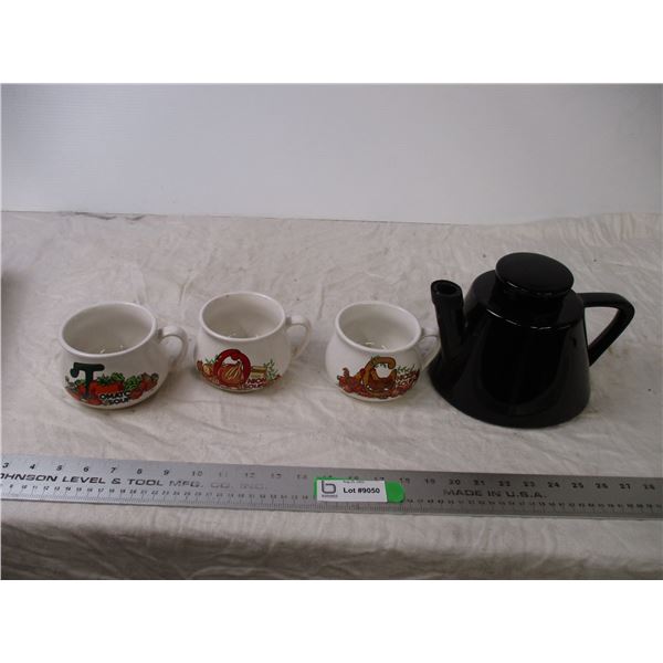 Ceramic teapot with (3) cups