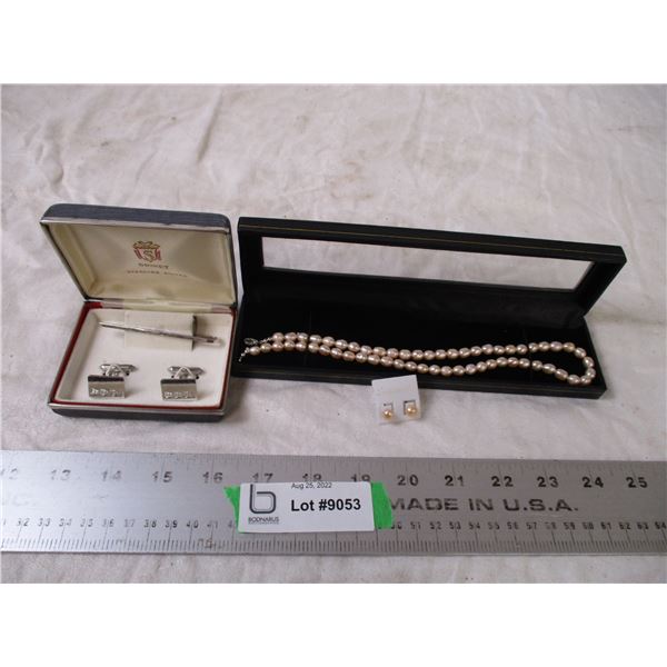 Signet sterling silver cufflinks tie clip with pearl necklace