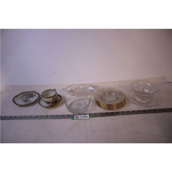 Assorted Glassware (including 6 Saucers, Candy Dishes, and Tea Cup/Saucer)