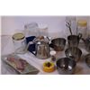 Image 2 : Box of Assorted Kitchen Items (including Tea Pots, Glass Jars, and Measuring Cups)