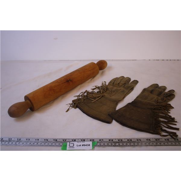 Antique Rolling Pin And Vintage Ladies Leather Riding Gloves w/ Fringe