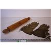Image 1 : Antique Rolling Pin And Vintage Ladies Leather Riding Gloves w/ Fringe