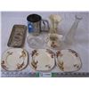 Wedgewood plates and creamer,sifter, vases,2 glass