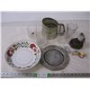 (2) Red Rose ornaments, sifter, bowl,glasses,plates