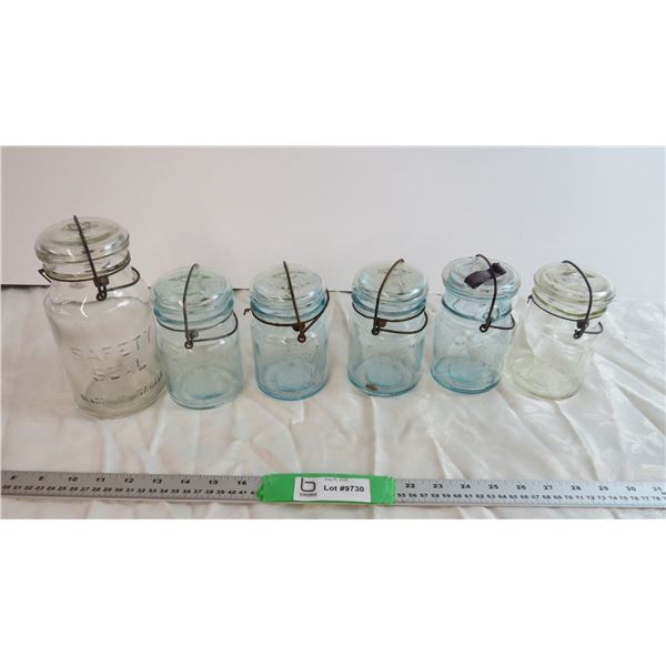 Assorted Glass jars Blue and clear