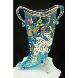 Blue Hand Painted Vase w/Peacock & Flowers 9"
