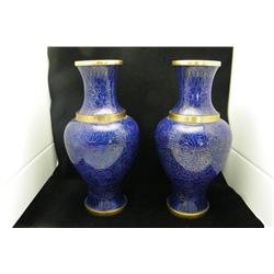 Pair Blue Enameled Vases Made In China 13"