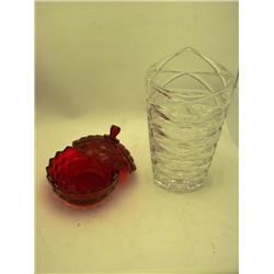Clear Vase And Red Covered Candy Dish -