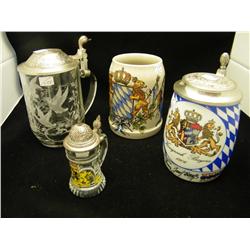 4 Assorted Steins - Largest Is 6" H