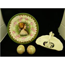 Assorted Lot-Plate, Basket And 2 Alabaster Eggs -