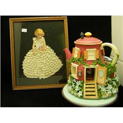 Framed Girl In Ruffled Dress And Musical Teapot -