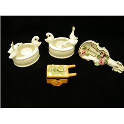 Bone China Swan Candlesticks, Lefton Violin, Box -