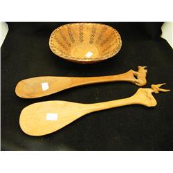 Old Wood Bowl & Hand Carved Animal Spoons -